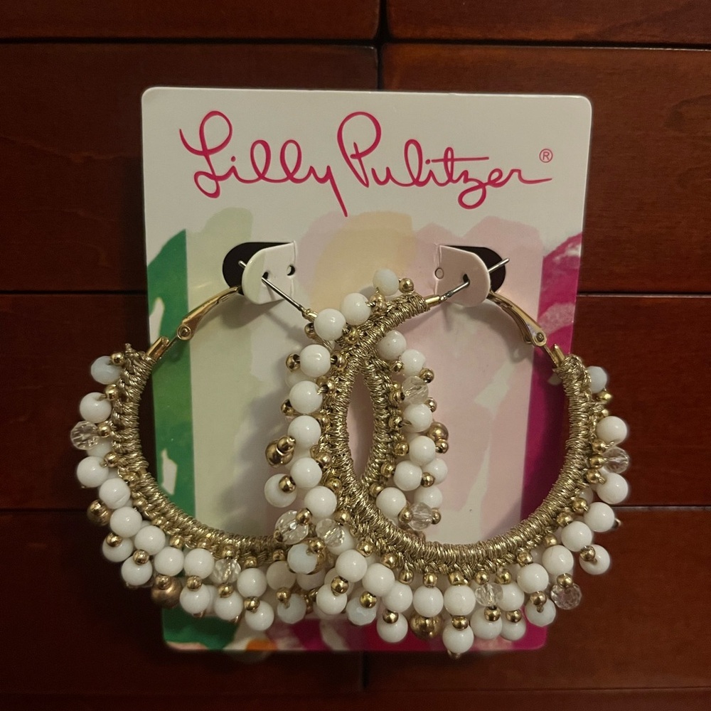 Lilly Pulitzer Gold and White Beaded Hoop Earrings